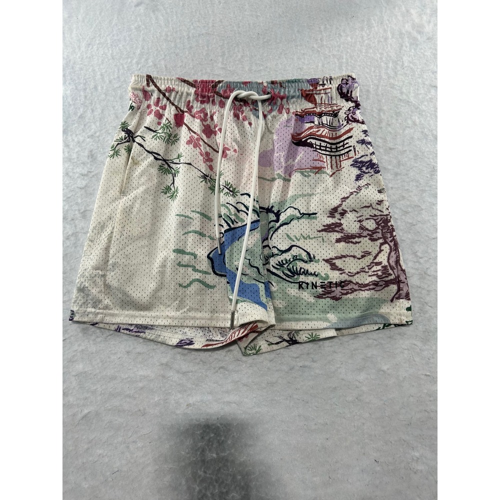 Kinetic Mesh Basketball Shorts Small Japanese Landscape Pagoda Print Cream Mens